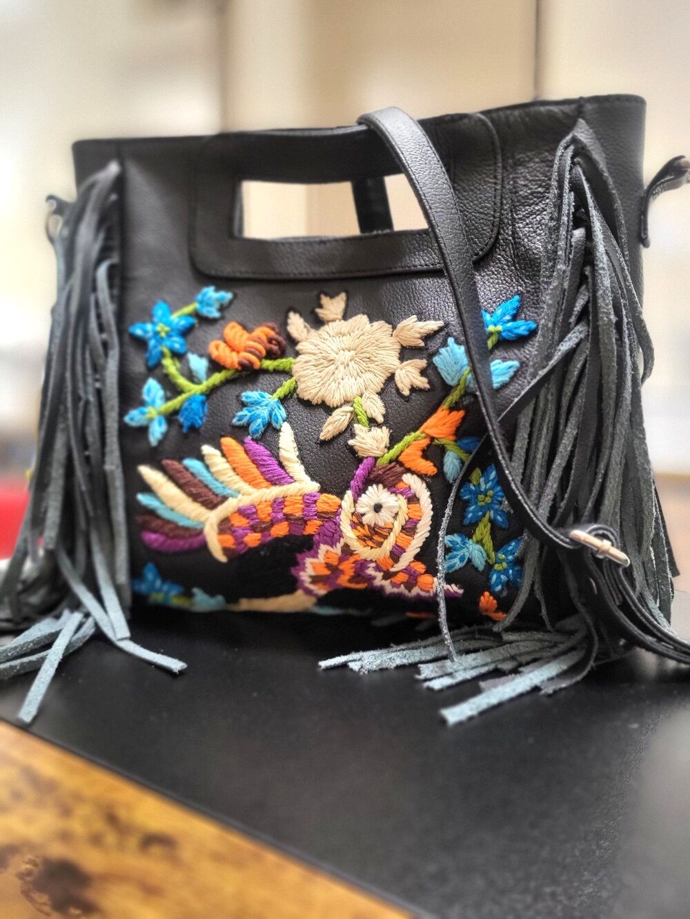 Anthropologie Raj LA Embroidered Fringed Black Leather Boho Crossbody Bag